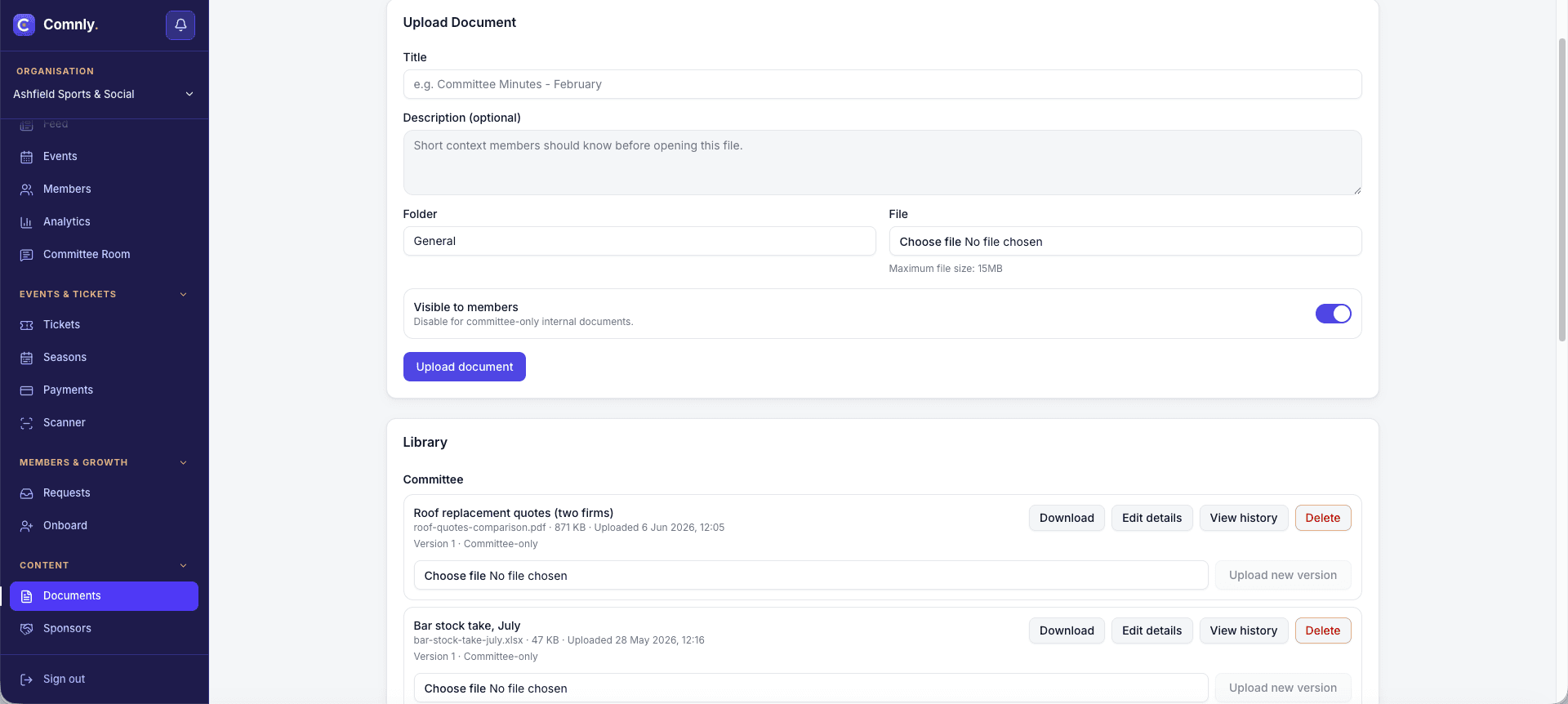 Comnly document library with an upload form including a visible to members toggle, and a committee folder listing roof replacement quotes and a bar stock take with download, edit details, view history and upload new version controls.