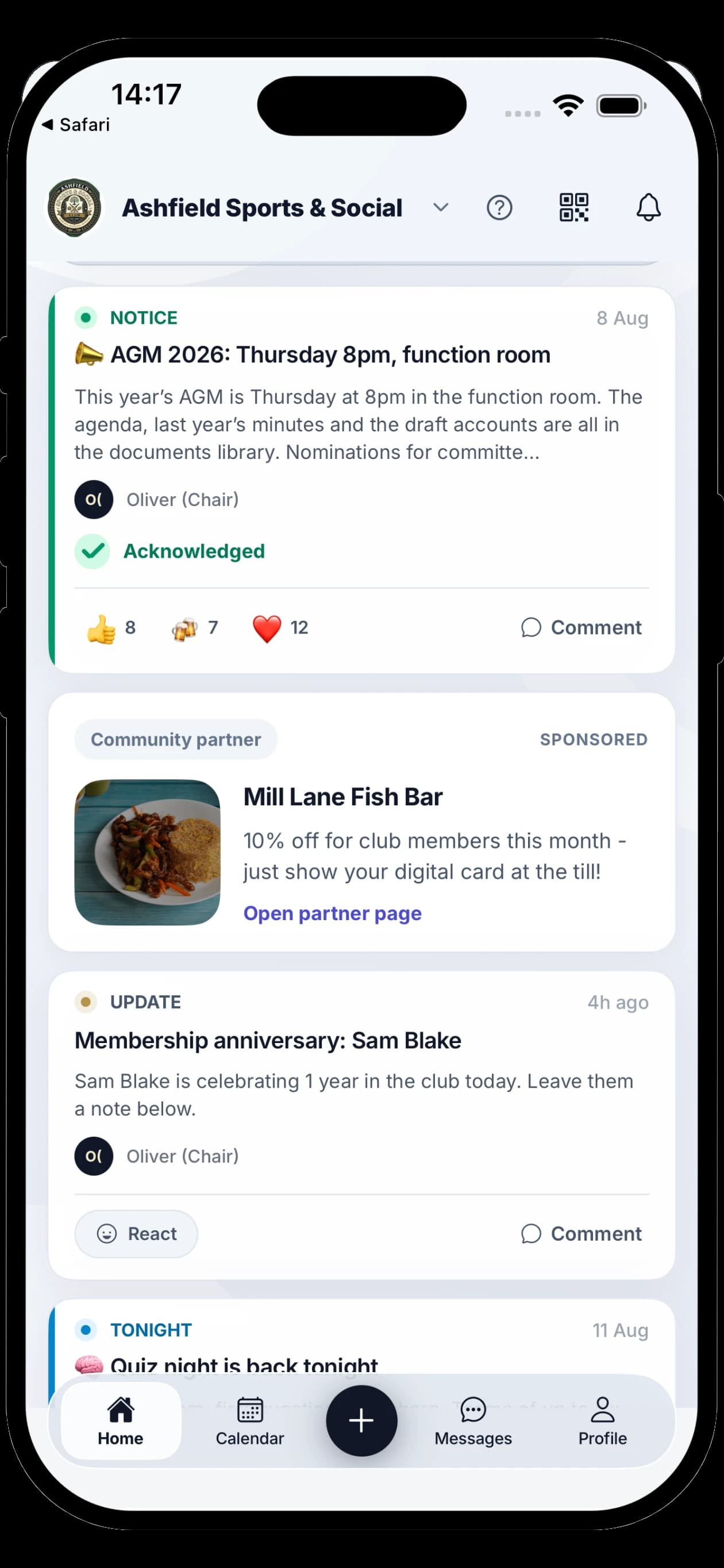 The Comnly member app on an iPhone: a club feed showing an acknowledged AGM notice, then a clearly labelled sponsored card from Mill Lane Fish Bar offering 10% off for club members, then a membership anniversary post.